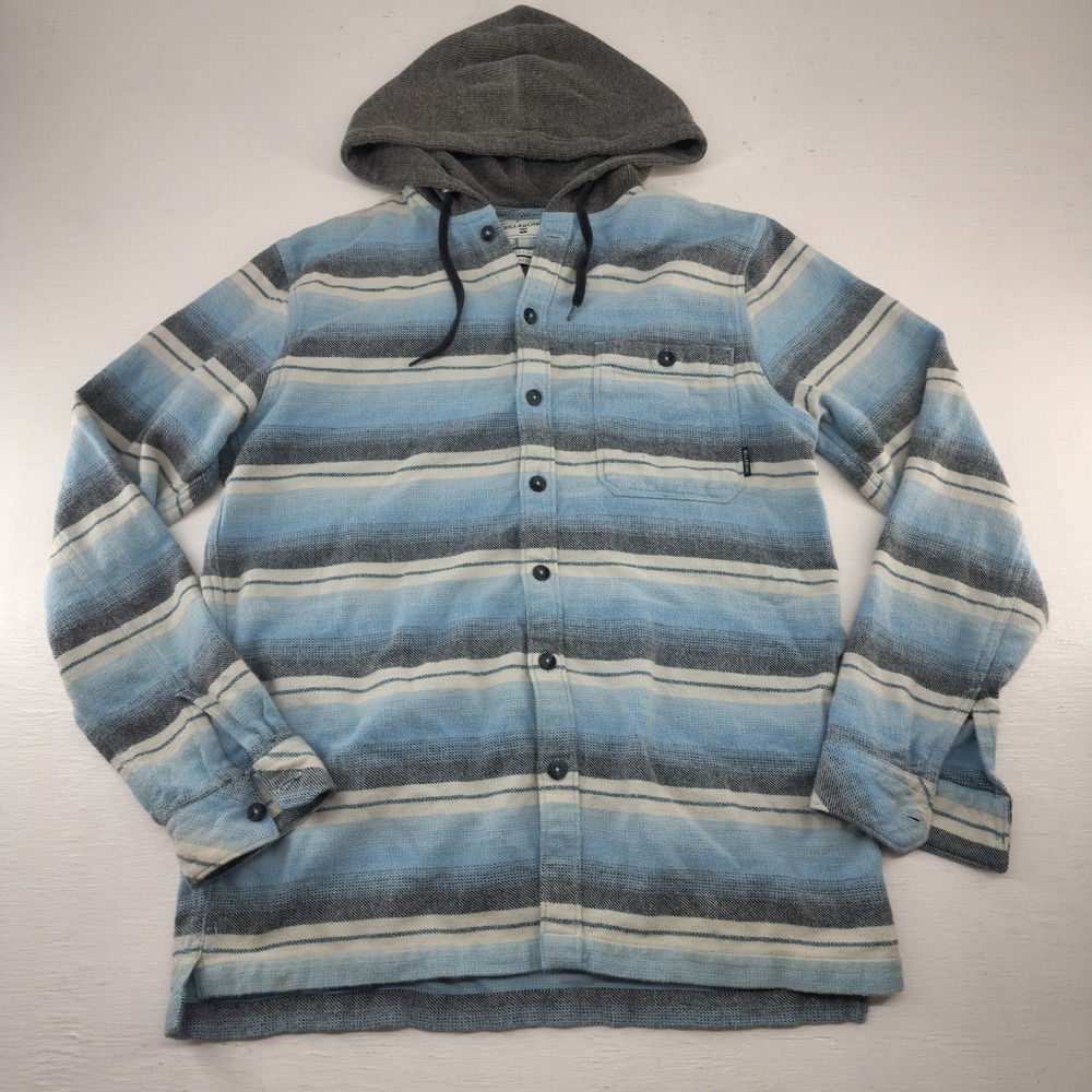 Billabong Large | Mens Blue Grey Striped Hooded Flannel Button Up Shirt Hoody
